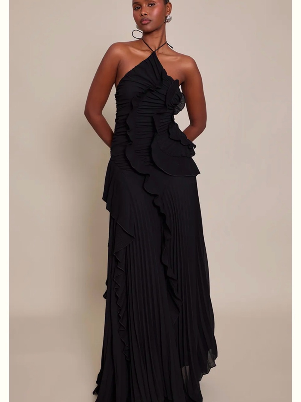 One-Shoulder Black Ruffle Pleated Evening Gown